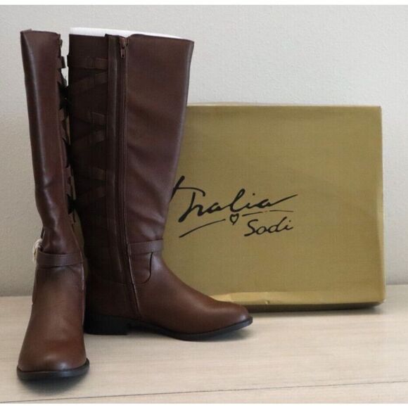Thalia Sodi Women's Sz 6.5M Cognac Veronika Faux Leather Knee High Riding Boots - Picture 1 of 9